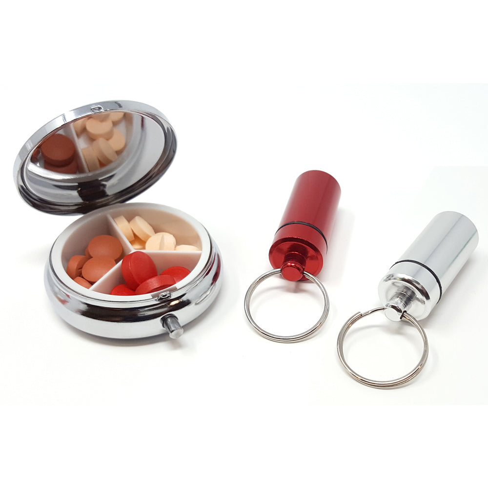 Round Silver 3-Compartment Pill Box with 2 Pill Box Key Rings