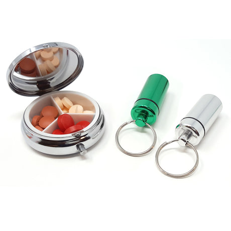 Round Silver 3-Compartment Pill Box with 2 Pill Box Key Rings