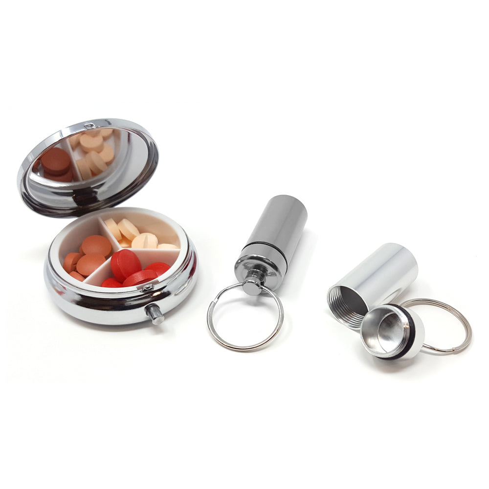 Round Silver 3-Compartment Pill Box with 2 Pill Box Key Rings