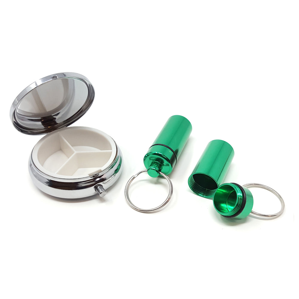 Round Silver 3-Compartment Pill Box with 2 Pill Box Key Rings