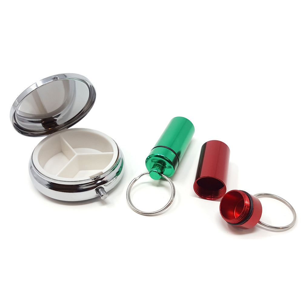 Round Silver 3-Compartment Pill Box with 2 Pill Box Key Rings
