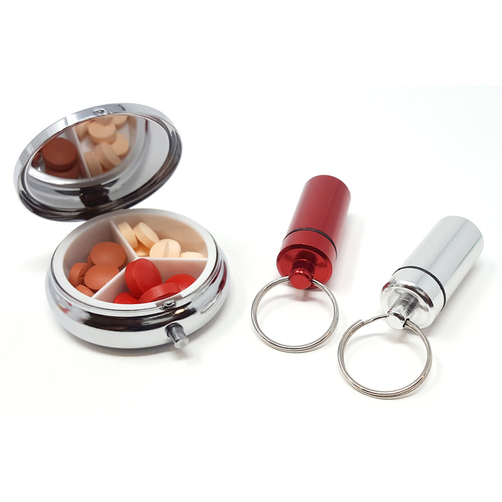 Round Silver 3-Compartment Pill Box with 2 Pill Box Key Rings