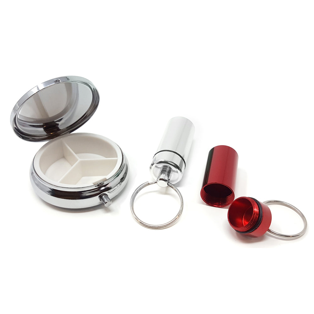Round Silver 3-Compartment Pill Box with 2 Pill Box Key Rings