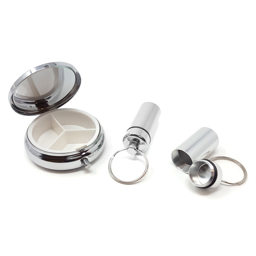 Round Silver 3-Compartment Pill Box with 2 Pill Box Key Rings