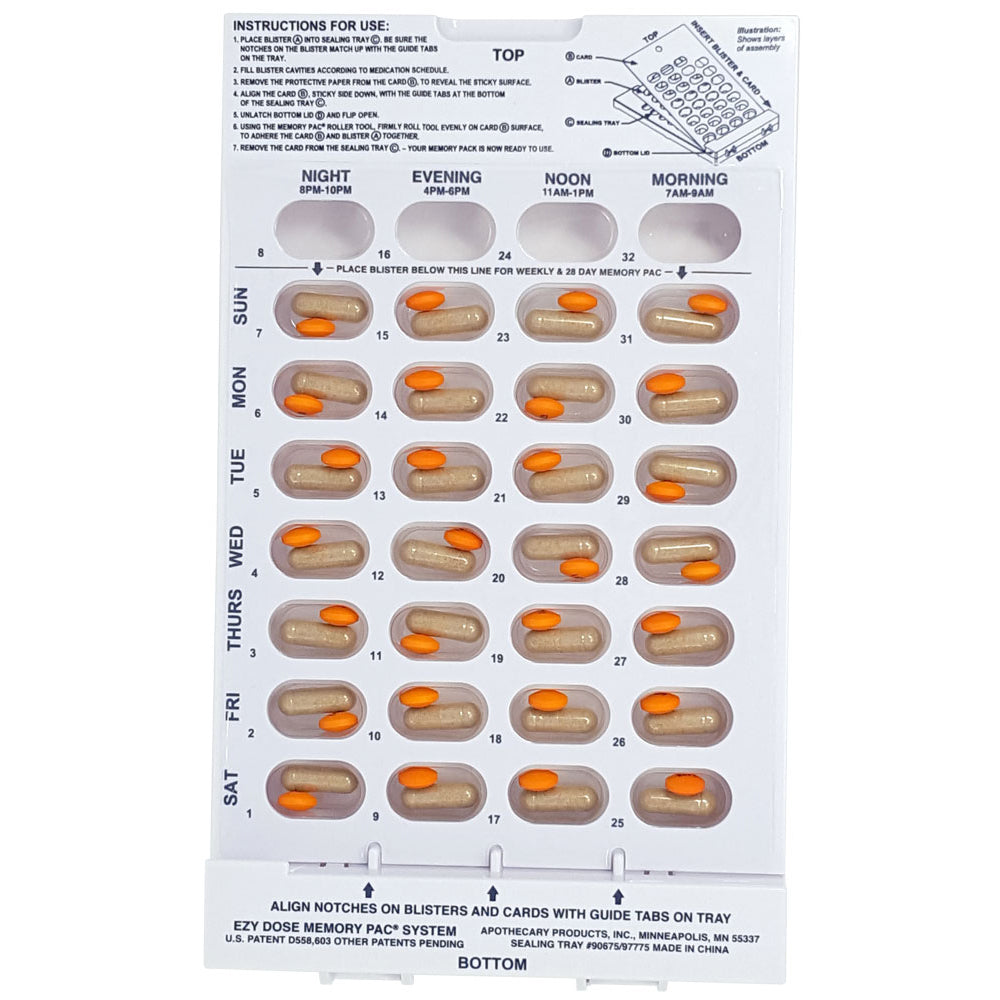 Monthly & Weekly pharmacy pill blister cards. Great for schools, camps, caregivers. Safely adminster correct dosage.