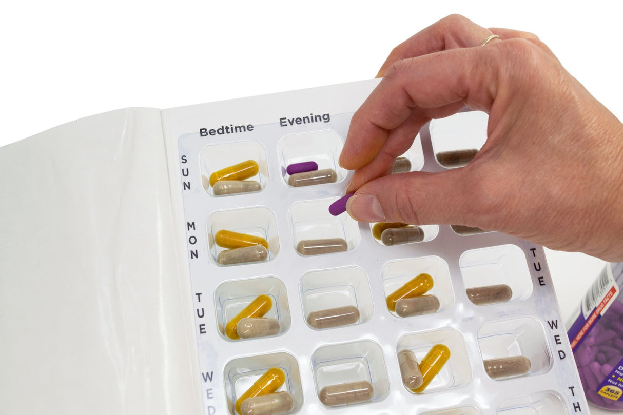 4X a Day Weekly XL Cold Seal Pharmacy Blister Pack System Cards for Pills -Two Piece Card and Blister Tray Tri-Fold Booklet, Easy to Fill & Assemble