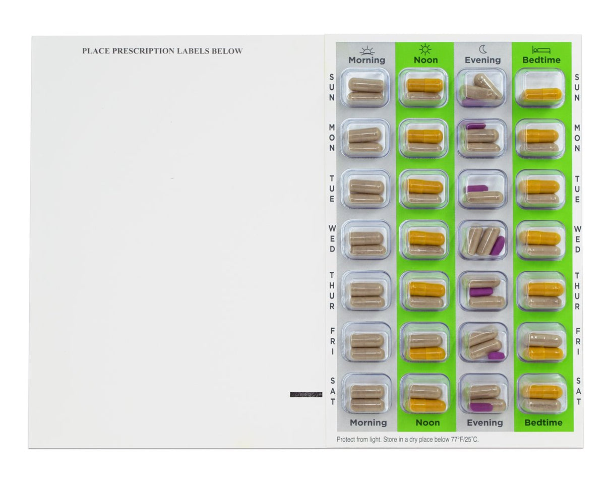 4 Times a Day Weekly XL Cold Seal Pharmacy Blister Pack System Cards for Pills -Two Piece Card and Blister Tray Tri-Fold Booklet, Easy No Extra Equipment Needed
