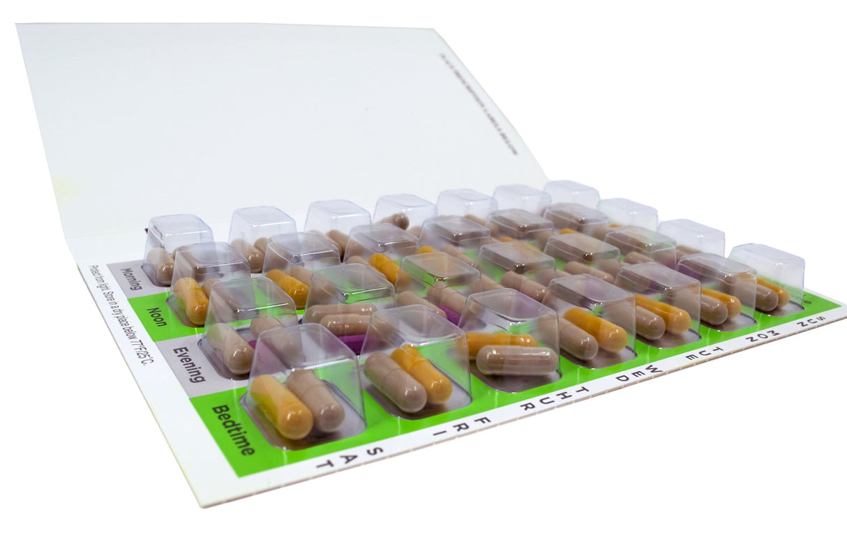 4 Times a Day Weekly XL Cold Seal Pharmacy Blister Pack System Cards for Pills -Two Piece Card and Blister Tray Tri-Fold Booklet, Easy to Assemble