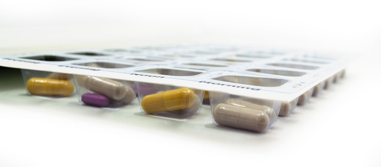 4Xs a Day Weekly XL Cold Seal Pharmacy Blister Pack System Cards for Pills -Two Piece Card and Blister Tray Tri-Fold Booklet, Easy to Assemble