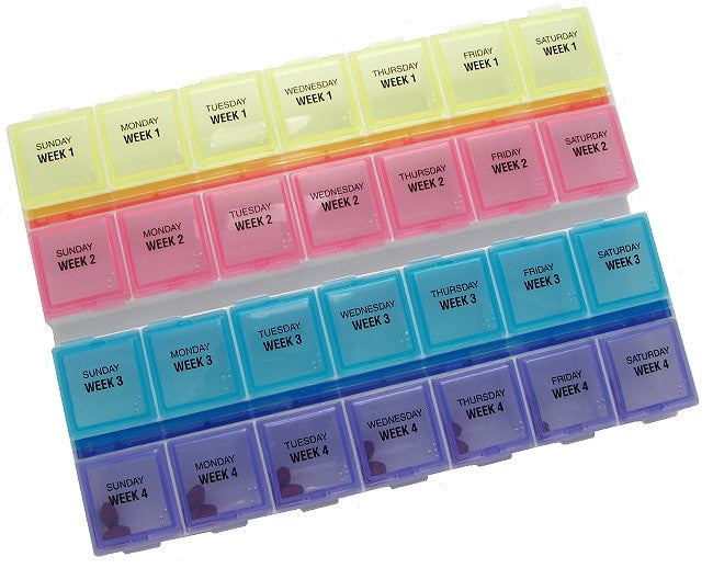 4 Week Pill Organizer-Item 671 - 28 day medication case helps you keep your pills ready for four weeks!