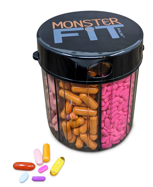 Monster Jr Supplement Pill Dispenser - Holds Small Medium Medication  Vitamins and Easily Dispense from One Container Includes Compartment Labels  ( 1