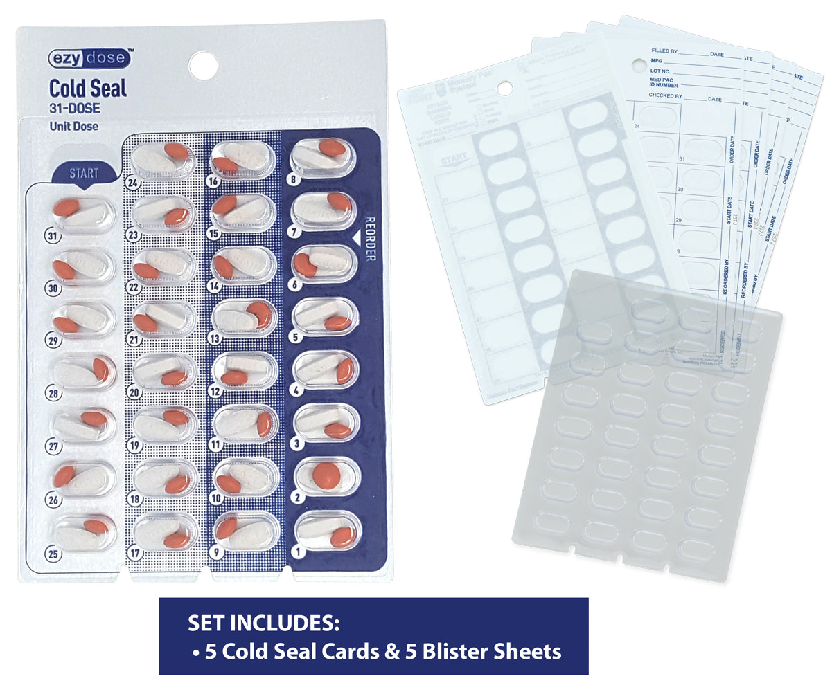 Monthly & Weekly pharmacy pill blister cards. Great for schools, camps, caregivers. Safely adminster correct dosage.