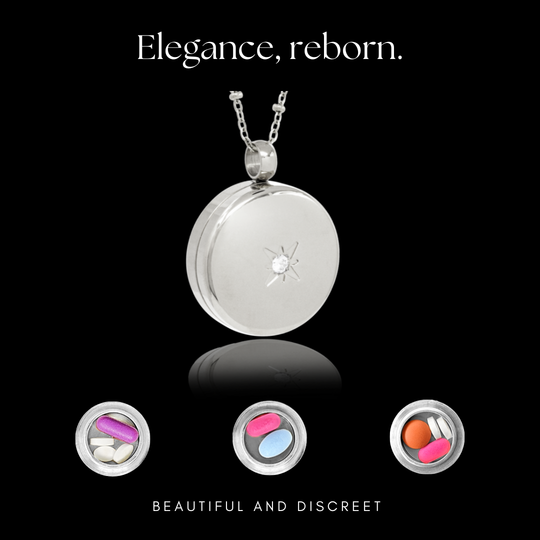 Round Silver with Cubic Zirconia Pill Locket Necklace O-ring Seal - 25mm