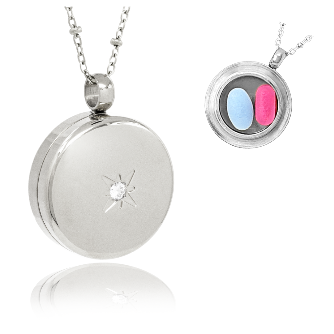 Round Silver with Cubic Zirconia Pill Locket Necklace O-ring Seal - 25mm