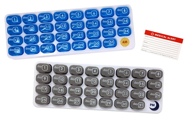 AM/PM 31-Day Monthly Pill Organizer Pods  travel case box tray 2x a day daily 995-2X Blue & Grey