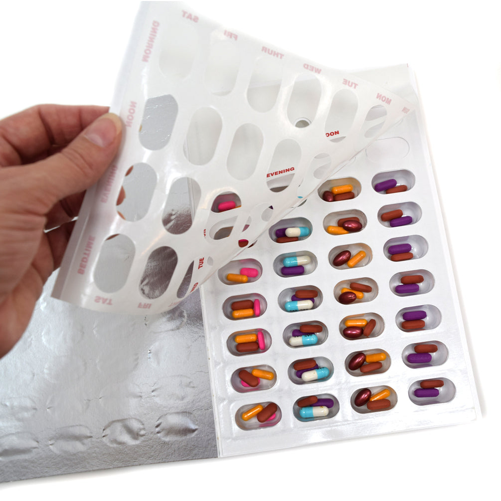 Weekly, 4 Time a Day, Cold Seal Medication Blister Cards - Book Fold