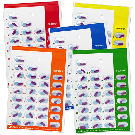 Monthly pharmacy pill medication blister card pack. Great medication management for elderly and senior prescriptions.