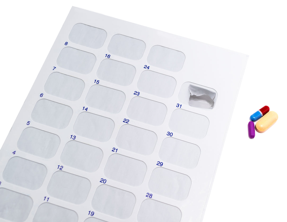 Extra Large Monthly, Cold Seal Medication Blister Cards - Trifold (6, 12, 100, or 250 Pack)