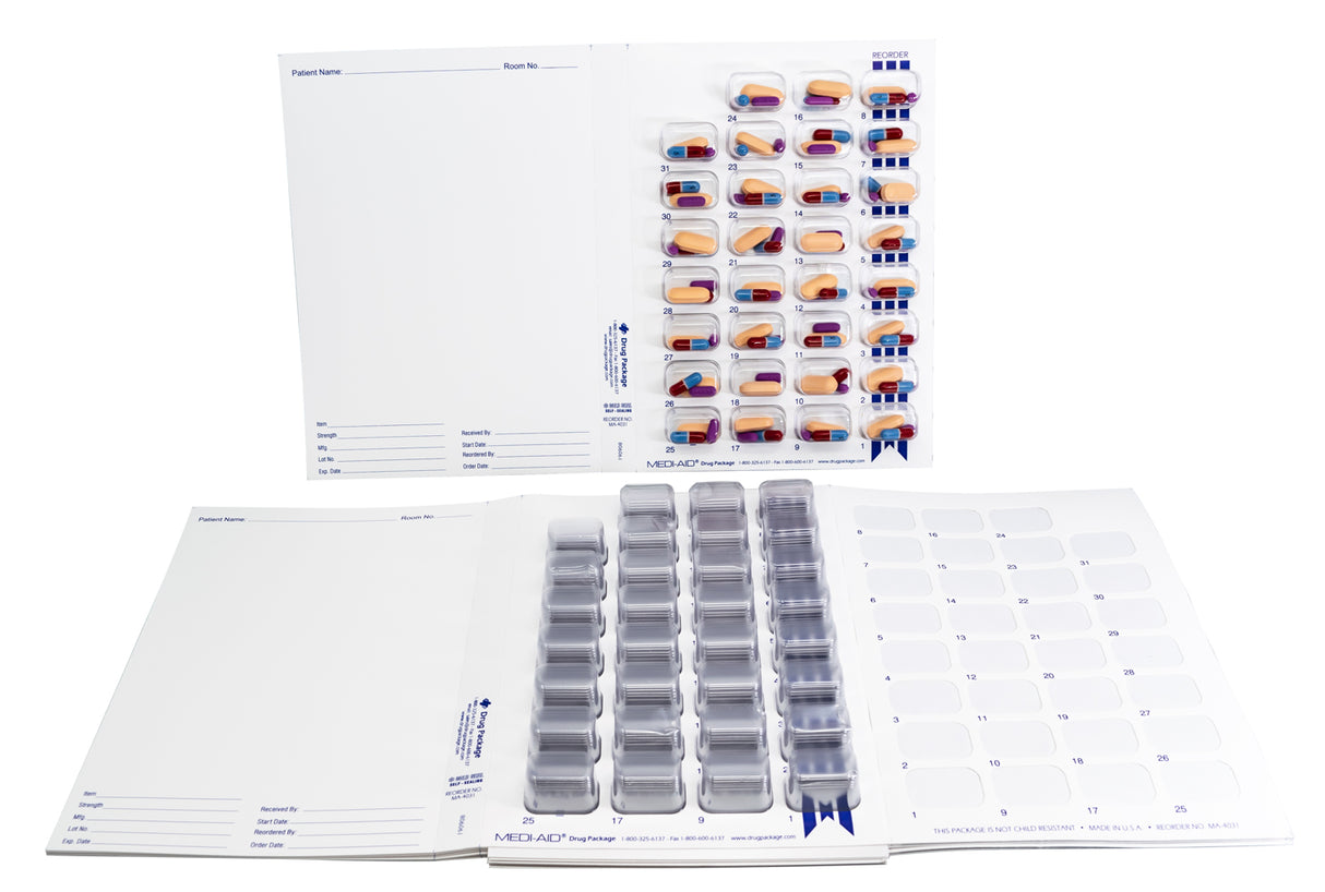 Extra Large Monthly, Cold Seal Medication Blister Cards - Trifold (6, 12, 100, or 250 Pack)