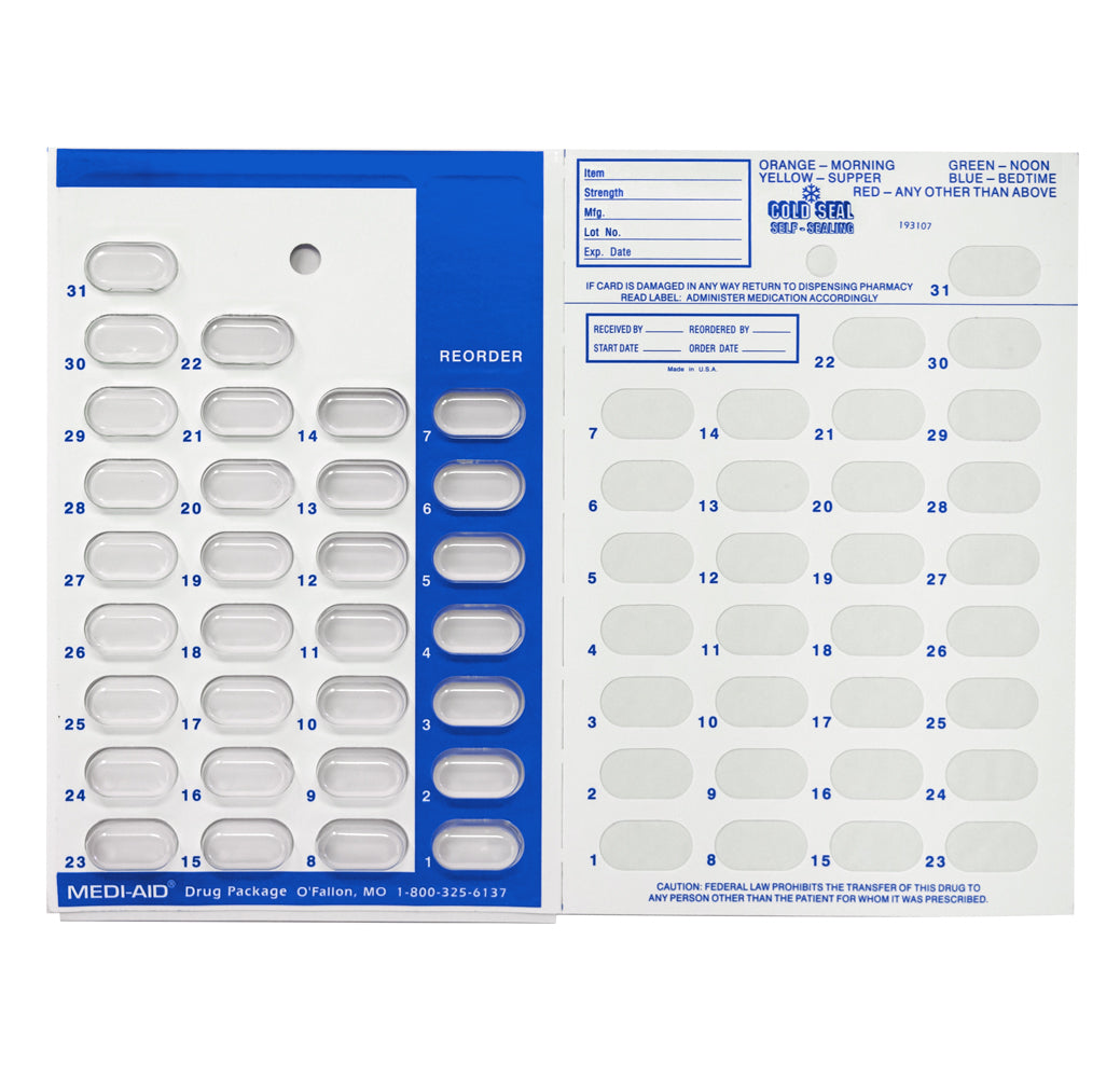 Best monthly pill organizer for elderly. Pill blister packs are color coded use for different people or time of day dosage. 31 days pill organizing on one easy to fill and use card.