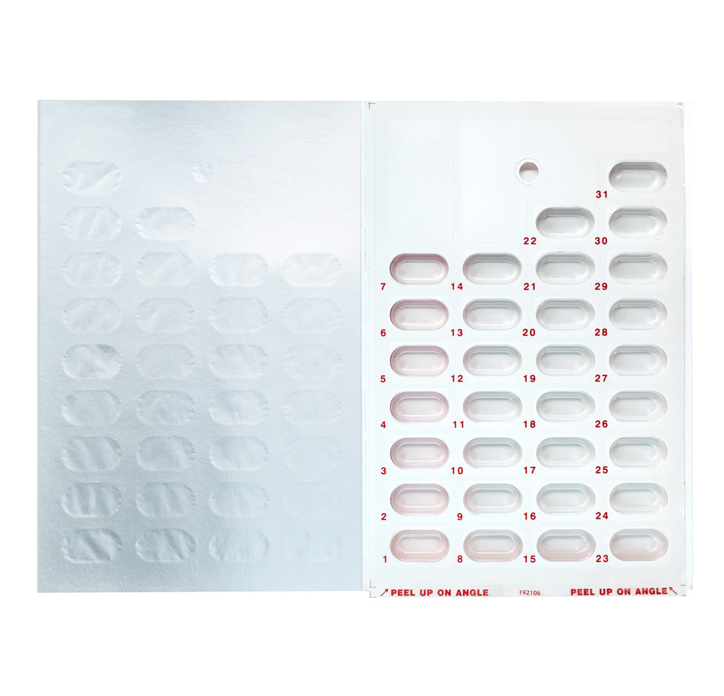 Monthly pharmacy packaging. Cold Seal for easy filling.
