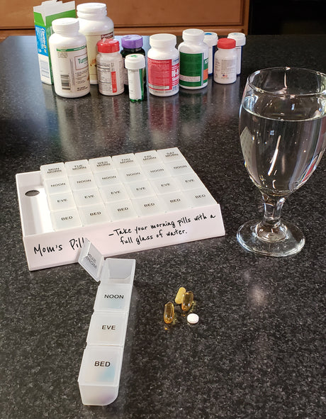 MedWrite Jumbo 4X a Day Weekly Pill Organizer in Storage Tray - Writable Surface on Tray for Medication Instructions and Notes