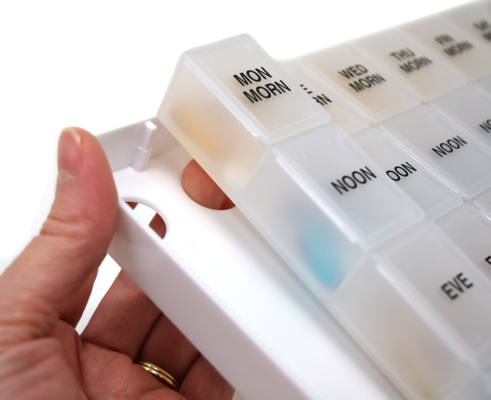 MedWrite Jumbo 4X a Day Weekly Pill Organizer in Storage Tray - Writable Surface on Tray for Medication Instructions and Notes