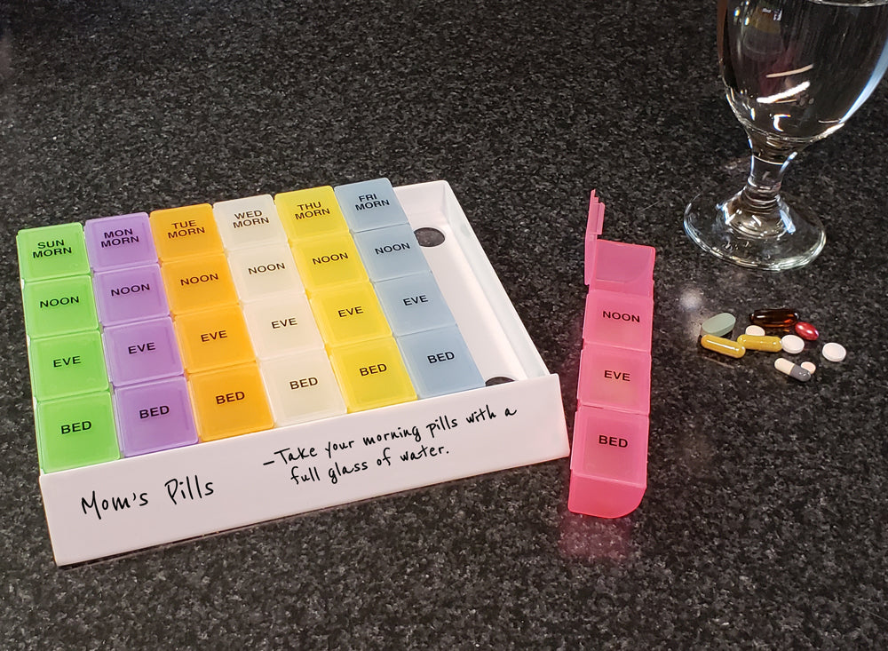 MedWrite Jumbo 4X a Day Weekly Pill Organizer in Storage Tray - Writable Surface on Tray for Medication Instructions and Notes