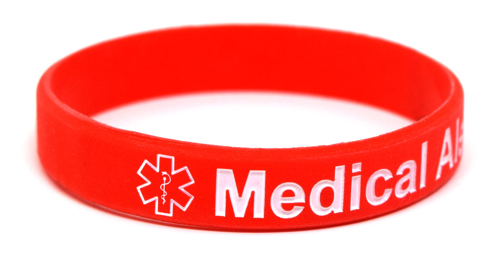 Medical alert card in wallet - red silicone bracelet - jewelry