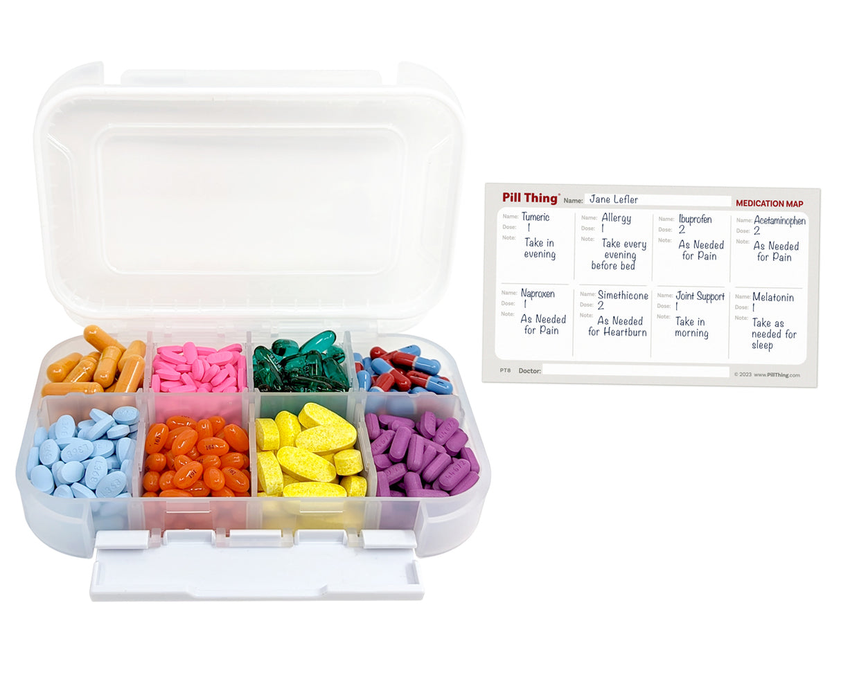 8 Compartment Large Pill Case with Airtight, Waterproof Seal, Medication Map Included