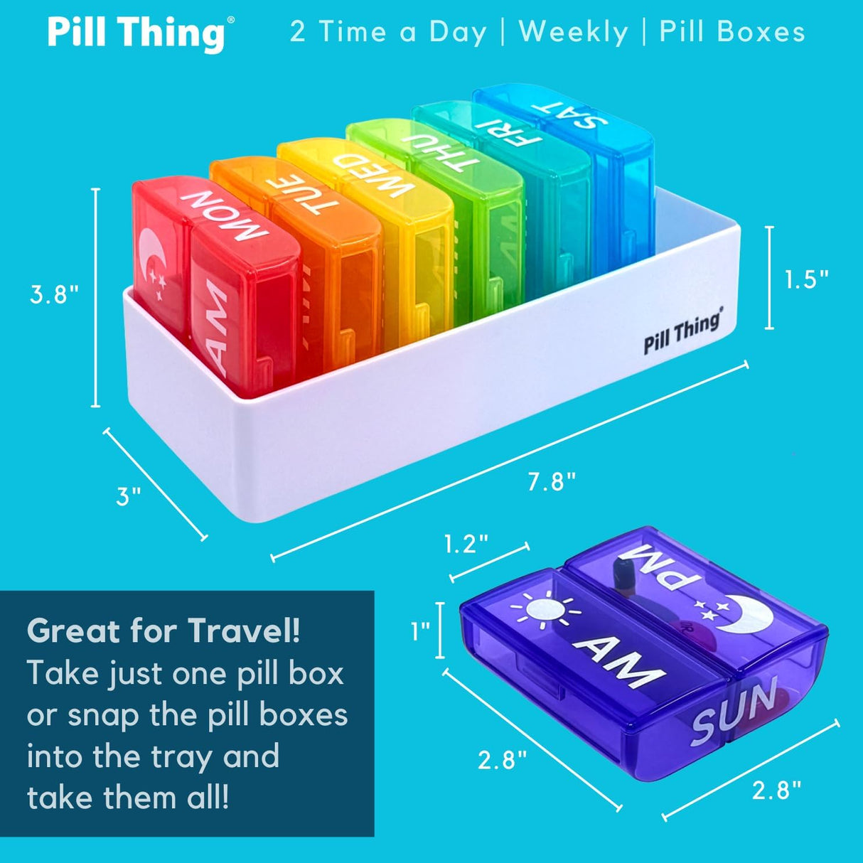 2 Times a Day, 7 Day Large Weekly Pill Organizer with Holder Tray, Vitamin, Medicine Box, Multicolor