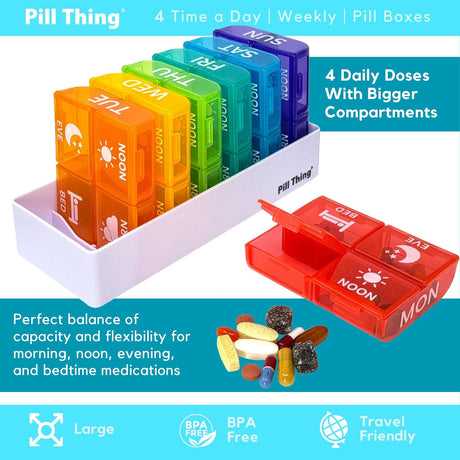 4 Times a Day, 7 Day Large Weekly Pill Organizer with Holder Tray, Vitamin, Medicine Box, Multicolor