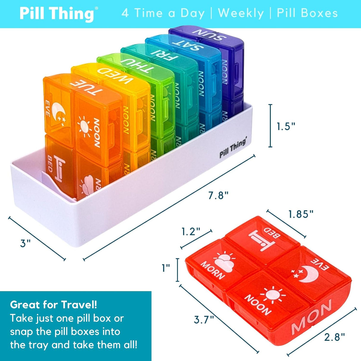 4 Times a Day, 7 Day Large Weekly Pill Organizer with Holder Tray, Vitamin, Medicine Box, Multicolor