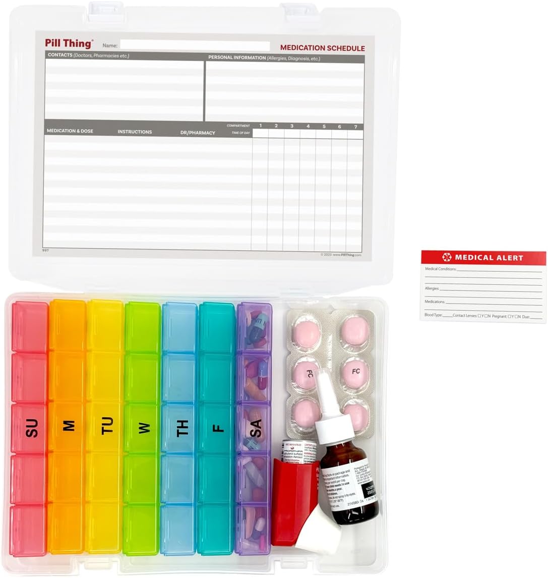 5 Times a Day Weekly Pill Box Organizer Case, Secure 7 Day Pillbox with Medication Schedule