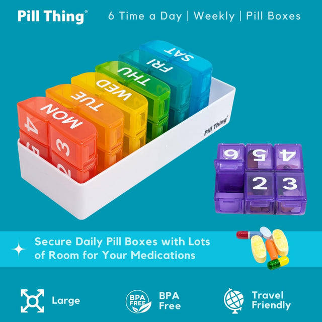 Pill Organizer 6 Times A Day 6 Times a Day, 7 Day Large Weekly Pill Organizer with Holder Tray, Vit