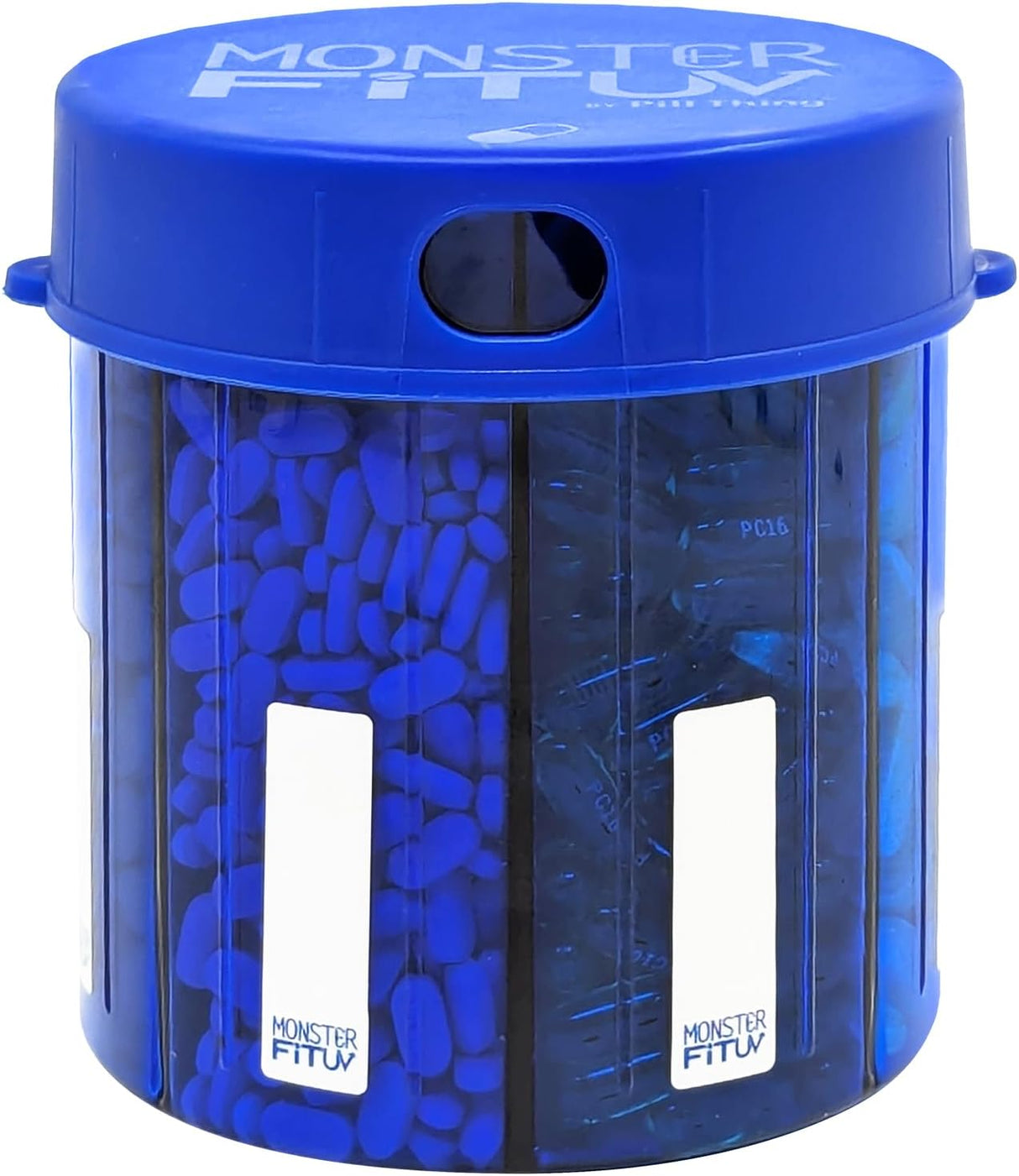 Monster UV Protected Blue Pill Dispenser with Compartment Labels (1 or 2 Pack)