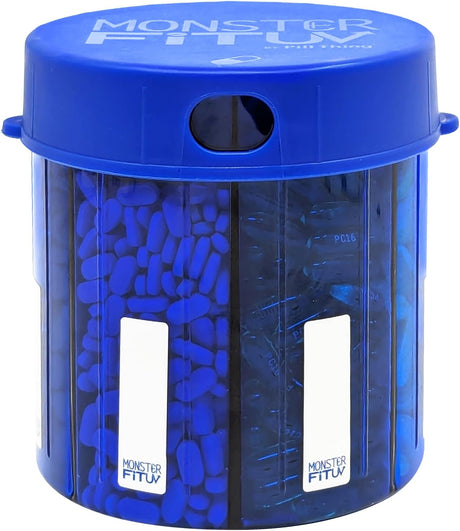 Monster UV Protected Blue Pill Dispenser with Compartment Labels (1 or 2 Pack)