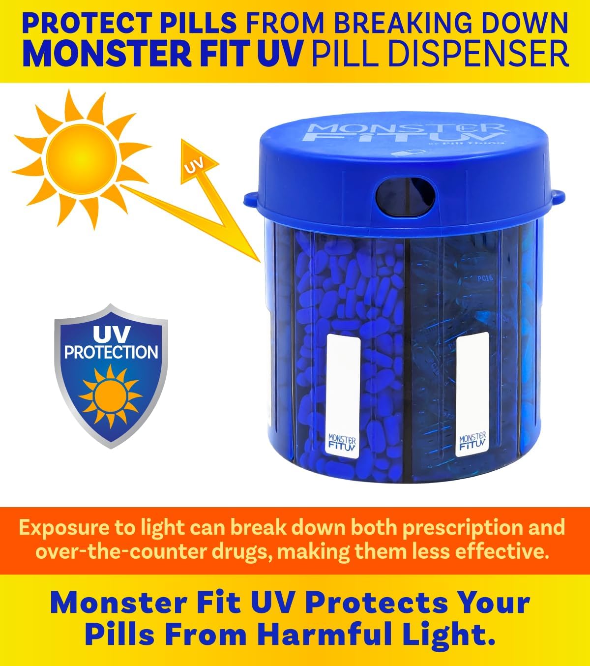 Monster UV Protected Blue Pill Dispenser with Compartment Labels (1 or 2 Pack)