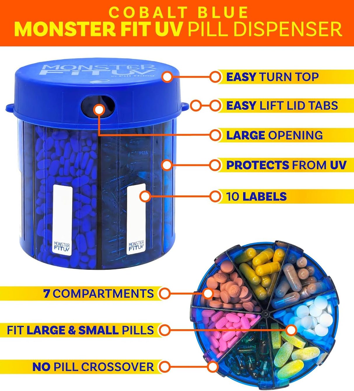 Monster UV Protected Blue Pill Dispenser with Compartment Labels (1 or 2 Pack)