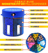 Monster UV Protected Blue Pill Dispenser with Compartment Labels (1 or 2 Pack)