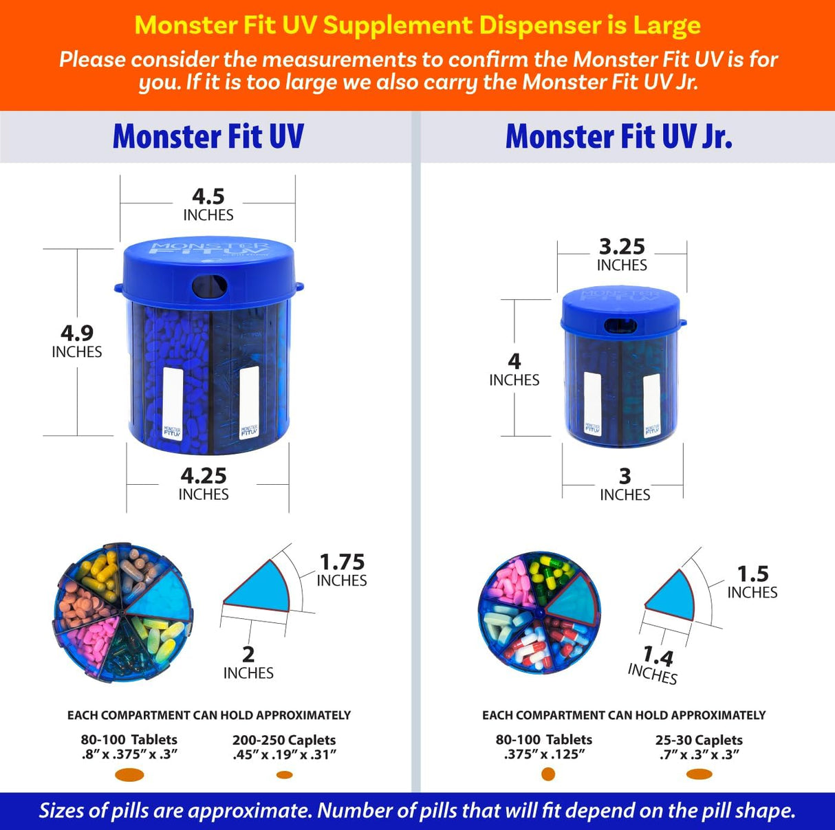 Monster Jr UV Protected Blue Pill Dispenser with Compartment Labels (1 or 2 Pack)