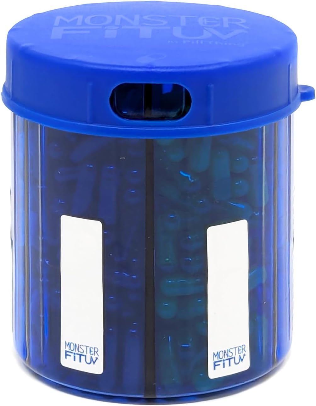 Monster Jr UV Protected Blue Pill Dispenser with Compartment Labels (1 or 2 Pack)