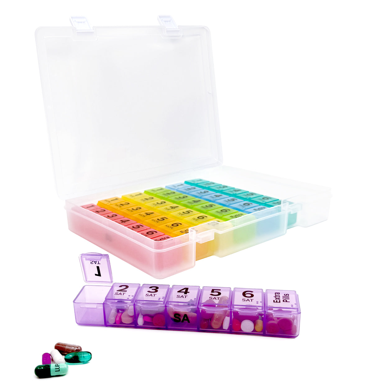 6 Times a Day Weekly Pill Box Organizers in a Secure Case, Extra Pills Compartment, Medication Map