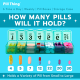6 Times a Day Weekly Pill Box Organizers in a Secure Case, Extra Pills Compartment, Medication Map