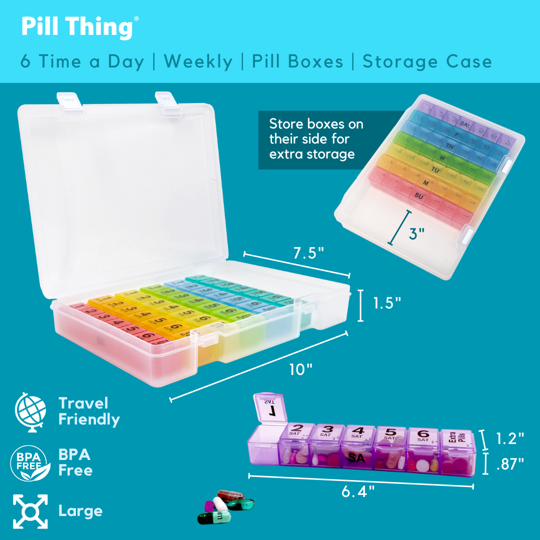 6 Times a Day Weekly Pill Box Organizers in a Secure Case, Extra Pills Compartment, Medication Map