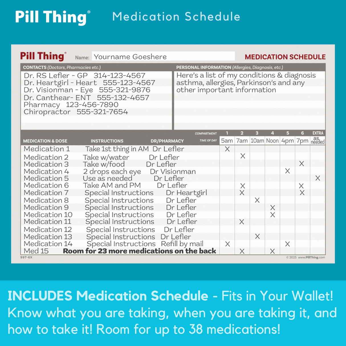 6 Times a Day Weekly Pill Box Organizers in a Secure Case, Extra Pills Compartment, Medication Map