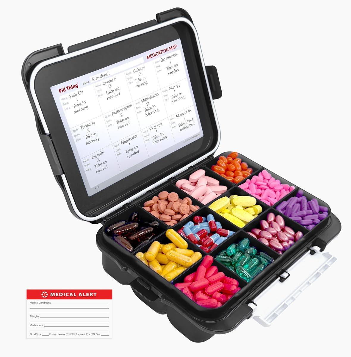 12 Compartment Large Pill Case with Airtight, Waterproof Seal, Medication Map Included (Multiple Colors) Black
