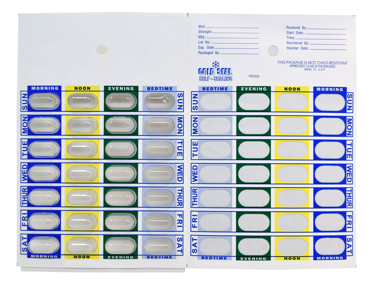Weekly, 4 Time a Day, Cold Seal Medication Blister Cards - Book Fold