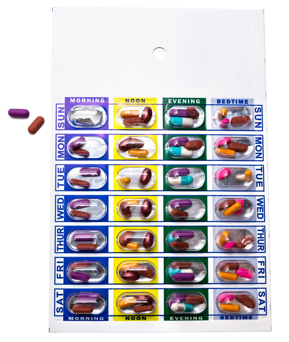 Weekly, 4 Time a Day, Cold Seal Medication Blister Cards - Book Fold