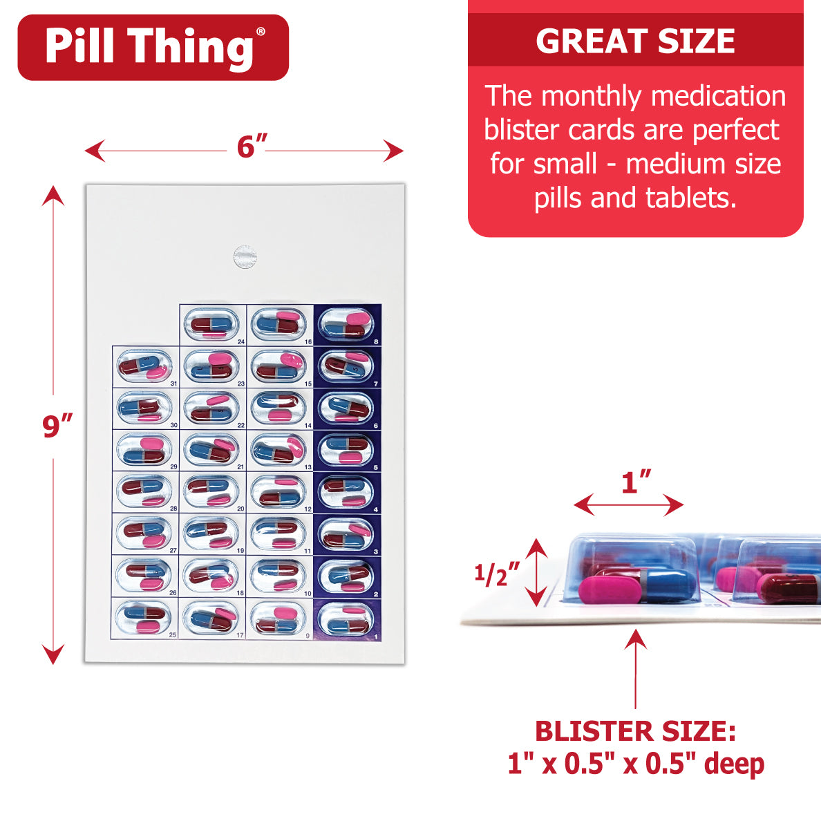 Large Monthly, Cold Seal Medication Blister Cards - Bifold (6, 12, 100, or 250 Pack)
